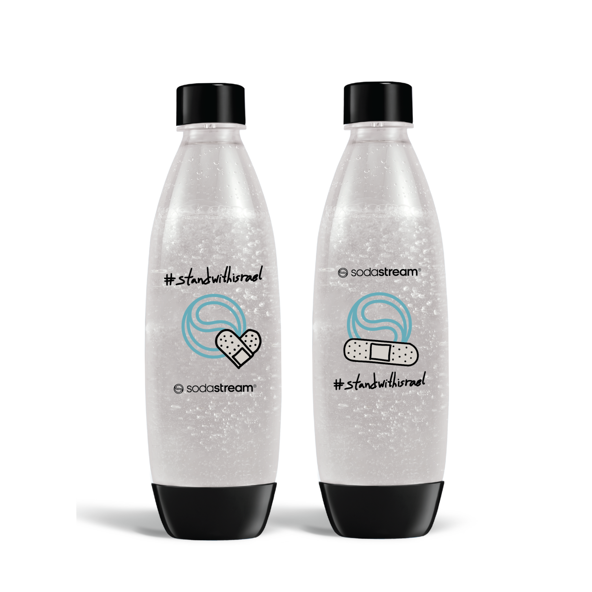 זוג בקבוקי פלסטיק מעוצבים בשיתוף פעולה עם האמן Dede להעלאת המודעות לנפגעי טראומה על רקע לאומי sodastream