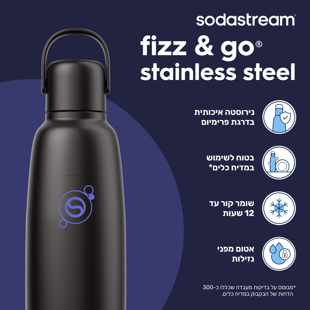 FIZZ & GO® Stainless Steel - בקבוק הגזה תרמי בצבע שחור בנפח 0.9 ליטר* – 2
