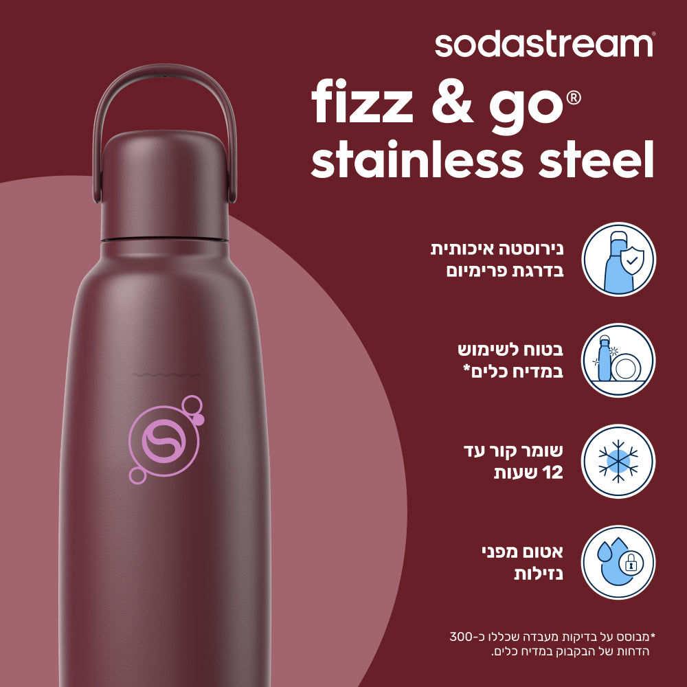 FIZZ & GO® Stainless Steel - בקבוק הגזה תרמי בצבע בורדו בנפח 0.9 ליטר* – 2